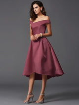 Charming Off-the-Shoulder Sleeveless High Low Satin Bridesmaid Dresses-Ballbella