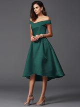 Charming Off-the-Shoulder Sleeveless High Low Satin Bridesmaid Dresses-Ballbella