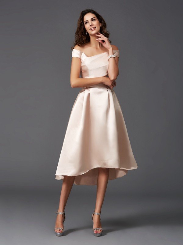 Charming Off-the-Shoulder Sleeveless High Low Satin Bridesmaid Dresses Charming Off-the-Shoulder Sleeveless High Low Satin Bridesmaid Dresses