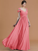 Charming Off-the-Shoulder Sleeveless Ruched Chiffon Bridesmaid Dresses-Ballbella