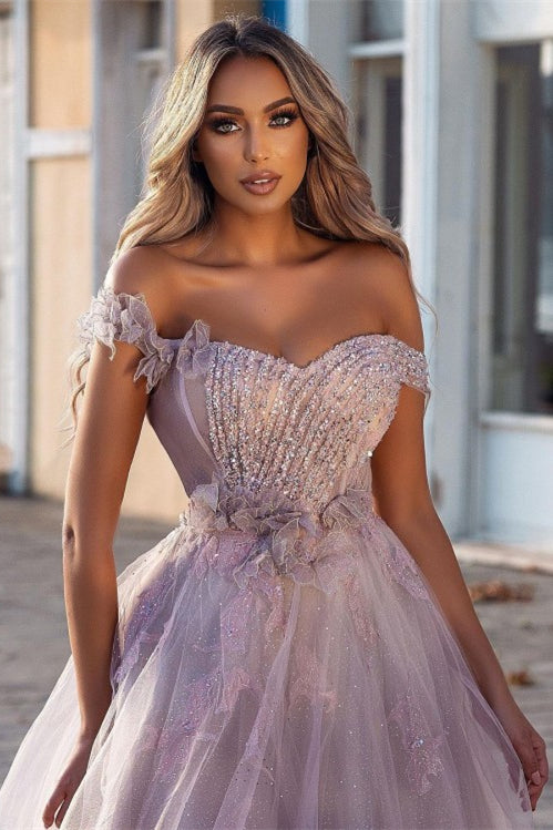 off the shoulder tulle prom dress Corset-Back Off-the-Shoulder Prom Ball Gown