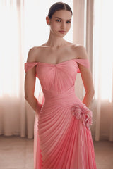 Charming Ombre A-Line Off-The-Shoulder Chiffon Prom Dresses Sleeveless Long With Pleats Flower-Ballbella