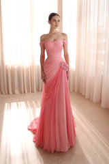 Charming Ombre A-Line Off-The-Shoulder Chiffon Prom Dresses Sleeveless Long With Pleats Flower-Ballbella