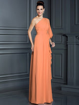 Charming One Shoulder 3/4 Sleeves Long Chiffon Bridesmaid Dresses-Ballbella