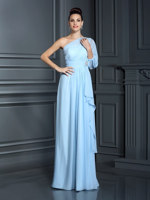 Charming One Shoulder 3/4 Sleeves Long Chiffon Bridesmaid Dresses Charming One Shoulder 3/4 Sleeves Long Chiffon Bridesmaid Dresses
