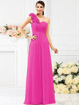 Charming One Shoulder Hand-Made Flower Sleeveless Long Chiffon Bridesmaid Dresses-Ballbella