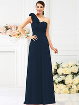 Charming One Shoulder Hand-Made Flower Sleeveless Long Chiffon Bridesmaid Dresses-Ballbella