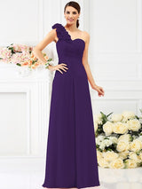 Charming One Shoulder Hand-Made Flower Sleeveless Long Chiffon Bridesmaid Dresses-Ballbella