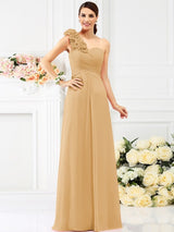 Charming One Shoulder Hand-Made Flower Sleeveless Long Chiffon Bridesmaid Dresses-Ballbella