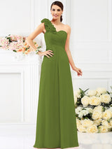 Charming One Shoulder Hand-Made Flower Sleeveless Long Chiffon Bridesmaid Dresses-Ballbella