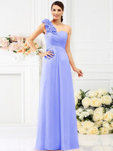 Charming One Shoulder Hand-Made Flower Sleeveless Long Chiffon Bridesmaid Dresses-Ballbella