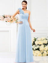Charming One Shoulder Hand-Made Flower Sleeveless Long Chiffon Bridesmaid Dresses-Ballbella