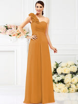 Charming One Shoulder Hand-Made Flower Sleeveless Long Chiffon Bridesmaid Dresses-Ballbella