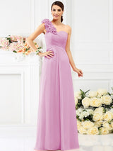 Charming One Shoulder Hand-Made Flower Sleeveless Long Chiffon Bridesmaid Dresses-Ballbella