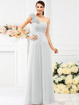Charming One Shoulder Hand-Made Flower Sleeveless Long Chiffon Bridesmaid Dresses-Ballbella