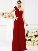 Charming One Shoulder Hand-Made Flower Sleeveless Long Chiffon Bridesmaid Dresses-Ballbella