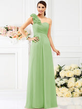 Charming One Shoulder Hand-Made Flower Sleeveless Long Chiffon Bridesmaid Dresses-Ballbella