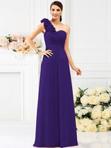Charming One Shoulder Hand-Made Flower Sleeveless Long Chiffon Bridesmaid Dresses-Ballbella