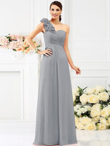 Charming One Shoulder Hand-Made Flower Sleeveless Long Chiffon Bridesmaid Dresses-Ballbella