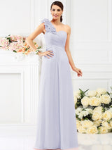 Charming One Shoulder Hand-Made Flower Sleeveless Long Chiffon Bridesmaid Dresses-Ballbella