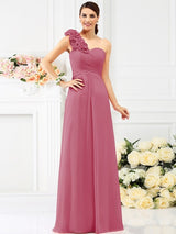 Charming One Shoulder Hand-Made Flower Sleeveless Long Chiffon Bridesmaid Dresses-Ballbella