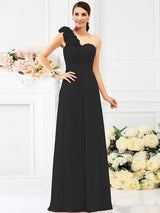 Charming One Shoulder Hand-Made Flower Sleeveless Long Chiffon Bridesmaid Dresses-Ballbella