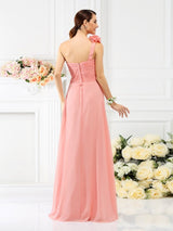 Charming One Shoulder Hand-Made Flower Sleeveless Long Chiffon Bridesmaid Dresses-Ballbella