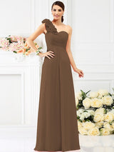 Charming One Shoulder Hand-Made Flower Sleeveless Long Chiffon Bridesmaid Dresses-Ballbella