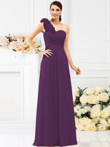 Charming One Shoulder Hand-Made Flower Sleeveless Long Chiffon Bridesmaid Dresses-Ballbella