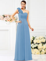 Charming One Shoulder Hand-Made Flower Sleeveless Long Chiffon Bridesmaid Dresses-Ballbella