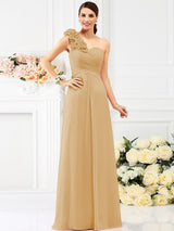 Charming One Shoulder Hand-Made Flower Sleeveless Long Chiffon Bridesmaid Dresses-Ballbella