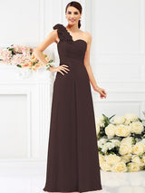 Charming One Shoulder Hand-Made Flower Sleeveless Long Chiffon Bridesmaid Dresses-Ballbella