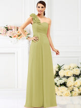 Charming One Shoulder Hand-Made Flower Sleeveless Long Chiffon Bridesmaid Dresses-Ballbella