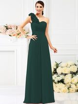 Charming One Shoulder Hand-Made Flower Sleeveless Long Chiffon Bridesmaid Dresses-Ballbella
