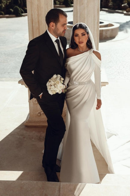 Charming One Shoulder Long Sleeves Mermaid Wedding Dress with Ruffles Long Charming One Shoulder Long Sleeves Mermaid Wedding Dress with Ruffles Long