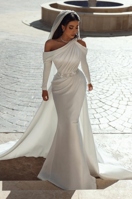 Charming One Shoulder Long Sleeves Mermaid Wedding Dress with Ruffles Long Charming One Shoulder Long Sleeves Mermaid Wedding Dress with Ruffles Long