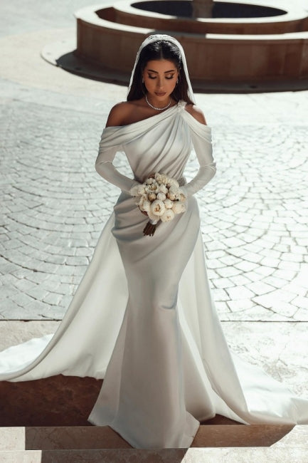 Charming One Shoulder Long Sleeves Mermaid Wedding Dress With Ruffles Long Charming One Shoulder Long Sleeves Mermaid Wedding Dress With Ruffles Long