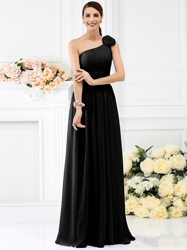 Charming One Shoulder Pleats Hand-Made Flower Sleeveless Long Chiffon Bridesmaid Dresses Charming One Shoulder Pleats Hand-Made Flower Sleeveless Long Chiffon Bridesmaid Dresses