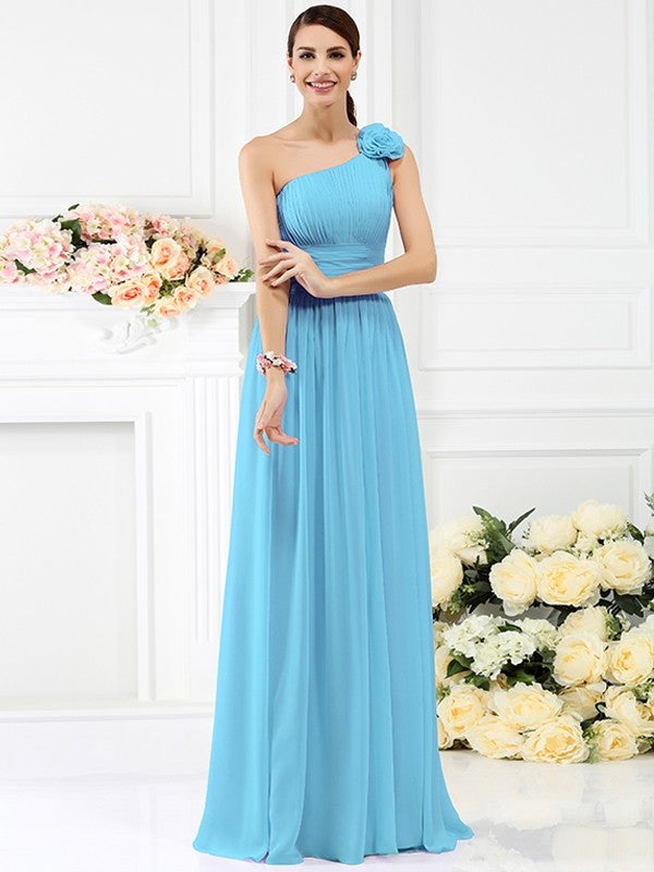 Charming One Shoulder Pleats Hand-Made Flower Sleeveless Long Chiffon Bridesmaid Dresses Charming One Shoulder Pleats Hand-Made Flower Sleeveless Long Chiffon Bridesmaid Dresses