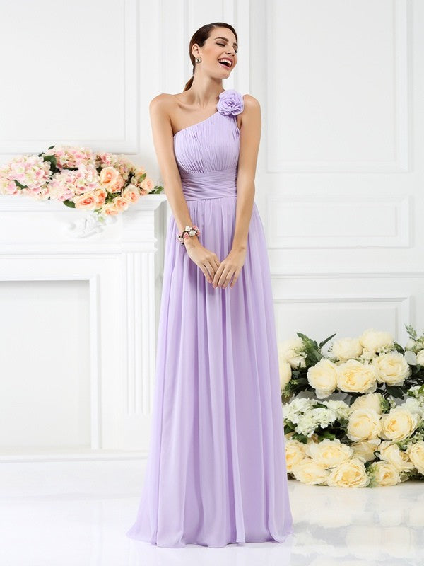 Charming One Shoulder Pleats Hand-Made Flower Sleeveless Long Chiffon Bridesmaid Dresses Charming One Shoulder Pleats Hand-Made Flower Sleeveless Long Chiffon Bridesmaid Dresses