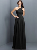 Charming One Shoulder Pleats Sleeveless Long Chiffon Bridesmaid Dresses-Ballbella