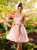 Charming One Shoulder Pleats Sleeveless Short Bridesmaid Dresses-Ballbella