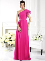 Charming One Shoulder Ruffles Sleeveless Long Chiffon Bridesmaid Dresses-Ballbella