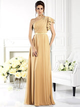 Charming One Shoulder Ruffles Sleeveless Long Chiffon Bridesmaid Dresses-Ballbella