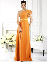 Charming One Shoulder Ruffles Sleeveless Long Chiffon Bridesmaid Dresses-Ballbella