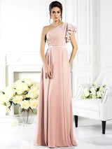 Charming One Shoulder Ruffles Sleeveless Long Chiffon Bridesmaid Dresses-Ballbella
