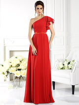 Charming One Shoulder Ruffles Sleeveless Long Chiffon Bridesmaid Dresses-Ballbella