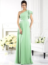 Charming One Shoulder Ruffles Sleeveless Long Chiffon Bridesmaid Dresses-Ballbella