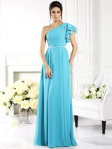 Charming One Shoulder Ruffles Sleeveless Long Chiffon Bridesmaid Dresses-Ballbella