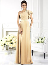 Charming One Shoulder Ruffles Sleeveless Long Chiffon Bridesmaid Dresses-Ballbella